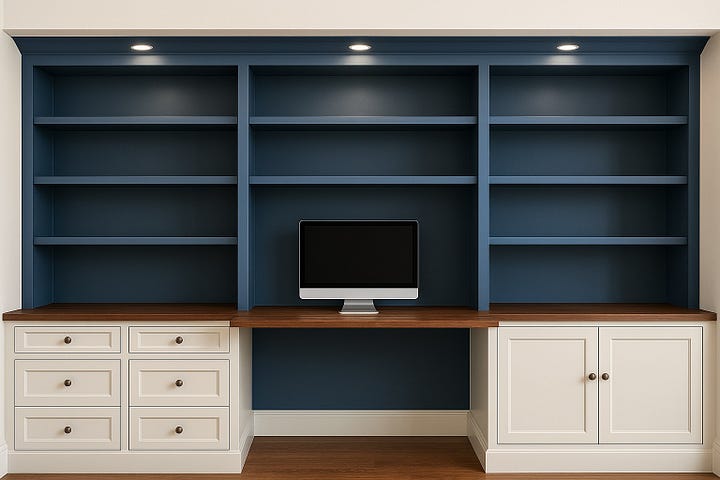 Four images showing the progression of a built-in desk and shelving design: a rough pencil sketch, a detailed line drawing with dimensions, a 3D rendering in white with measurements, and a final rendering in blue with a walnut desktop.