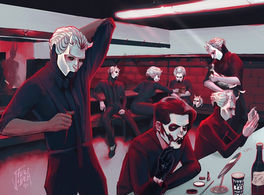 Characters in masks prepare in a dimly lit room, surrounded by makeup and cats. Red and black dominate the color scheme; eerie mood. Characters in masks prepare in a dimly lit room, surrounded by makeup and cats. Red and black dominate the color scheme; eerie mood.