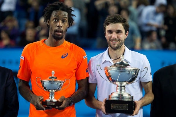 gilles simon with gael monfils showing trophies for atp marseille open 13 images 2015 gilles simon with gael monfils showing trophies for atp marseille open 13 images 2015