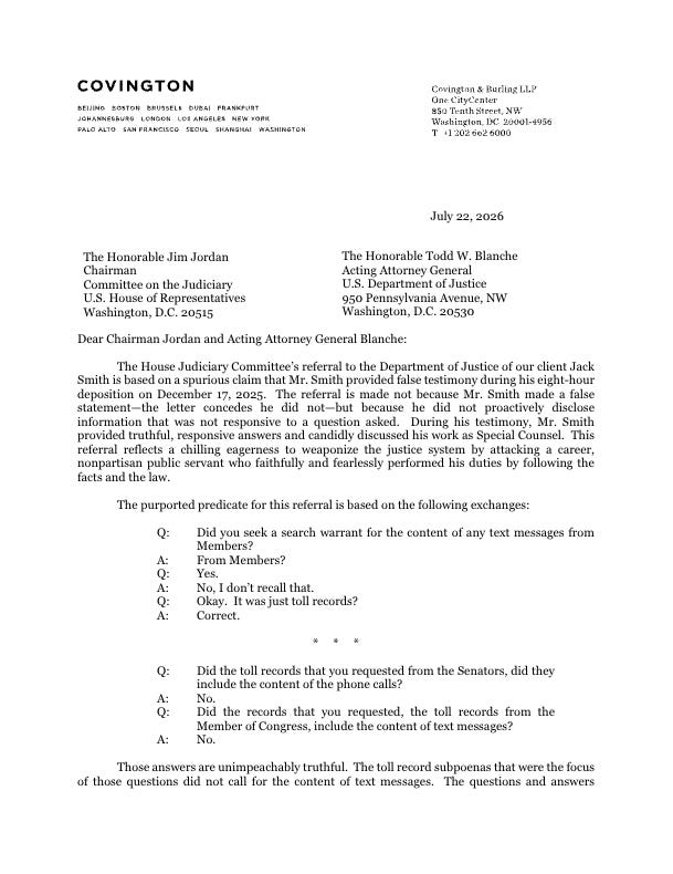 Copy of SPecial Counsel Jack Smith's legal defense against Jordan and House Judiciary Commitee allegations 