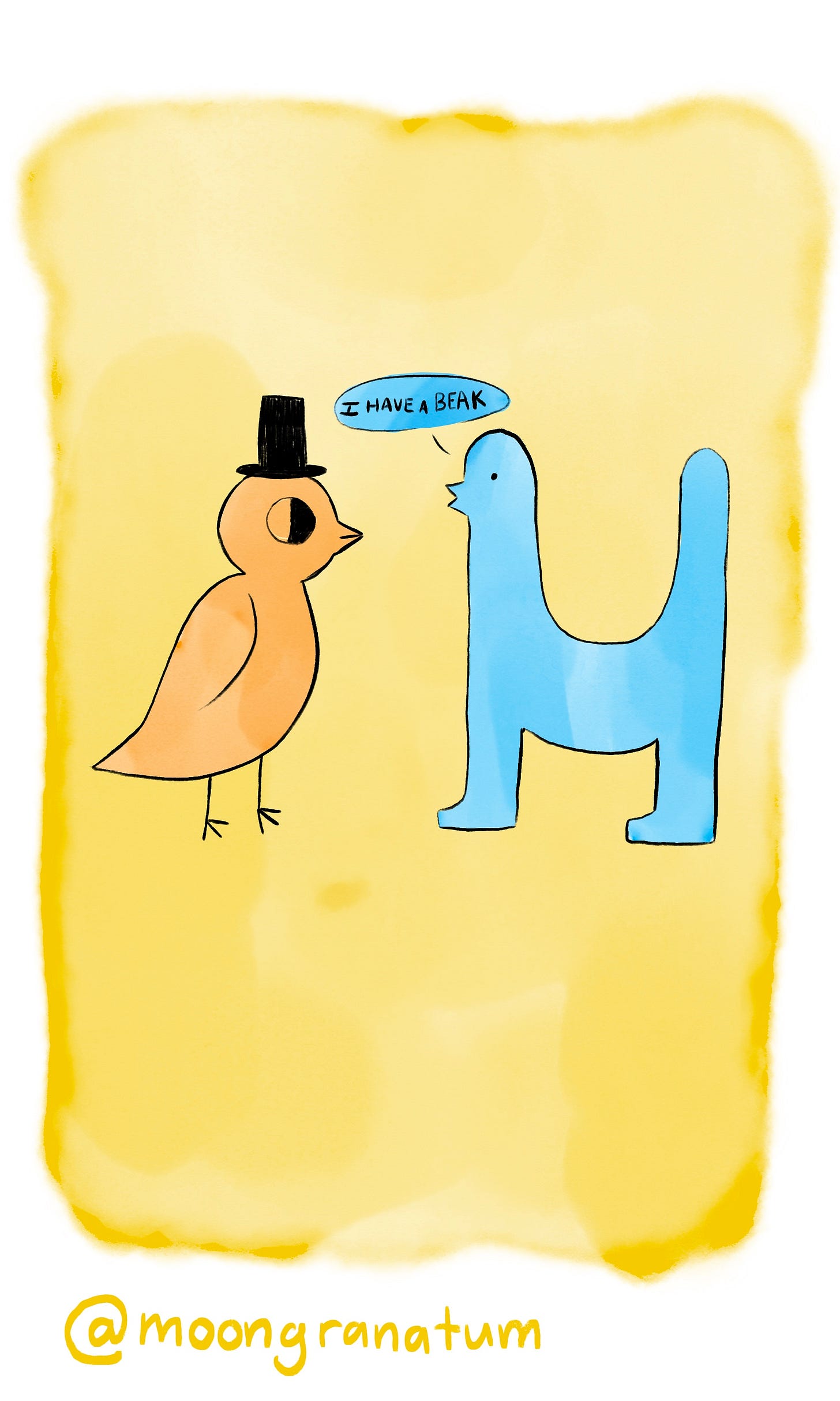 Moongranatum, a digital watercolor comic about birds. Panel 9 text reads: I have a beak. Moongranatum, a digital watercolor comic about birds. Panel 9 text reads: I have a beak.