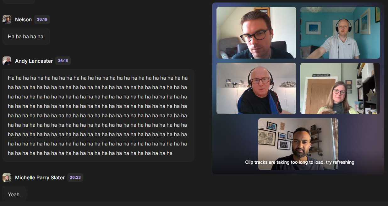 Podcast transcript, showing Andy Lancaster laughing hysterically.