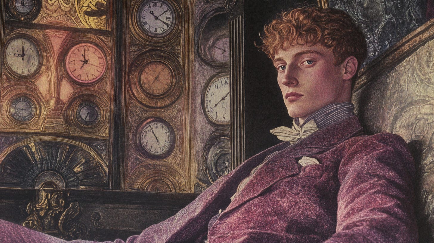 A sophisticated young man seated in a lavish study, a wall of ornate clocks behind him, each showing a different time zone, evoking a sense of control over time --ar 16:9 --sref 2844694732 --v 6.1 A sophisticated young man seated in a lavish study, a wall of ornate clocks behind him, each showing a different time zone, evoking a sense of control over time --ar 16:9 --sref 2844694732 --v 6.1