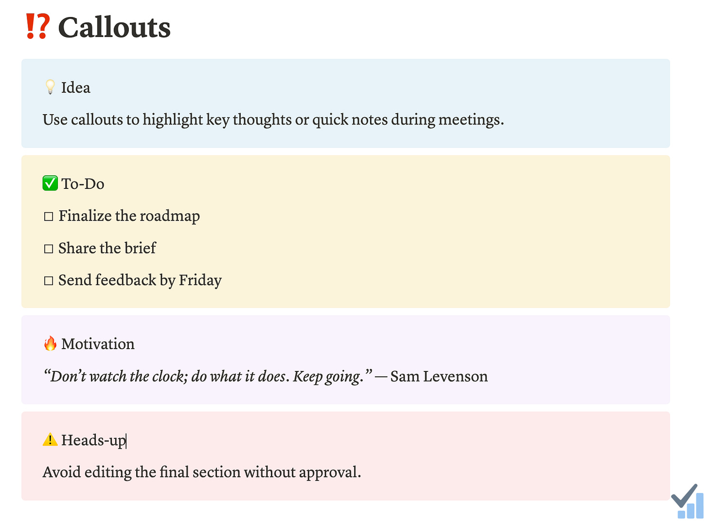 Screenshot of a Notion page featuring colorful callout blocks with different icons, highlighting ideas, to-do lists, motivational quotes, and warnings, showing how callouts add visual structure and emphasis.
