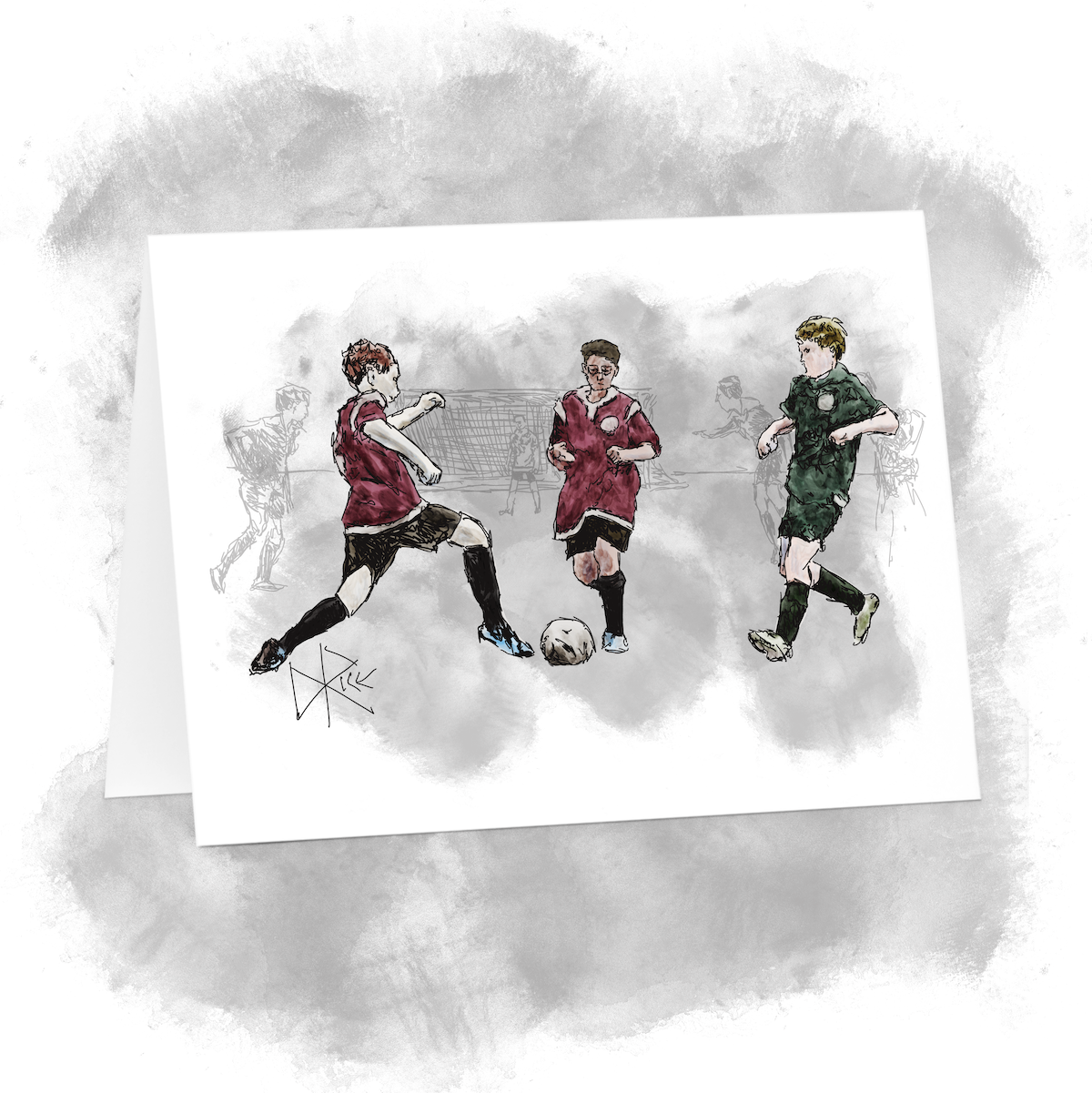 Junior boys soccer (football) players working hard to gain control of the ball and keep it in play as the ball nears the touchline of the pitch. Sketch art by Don Rice.