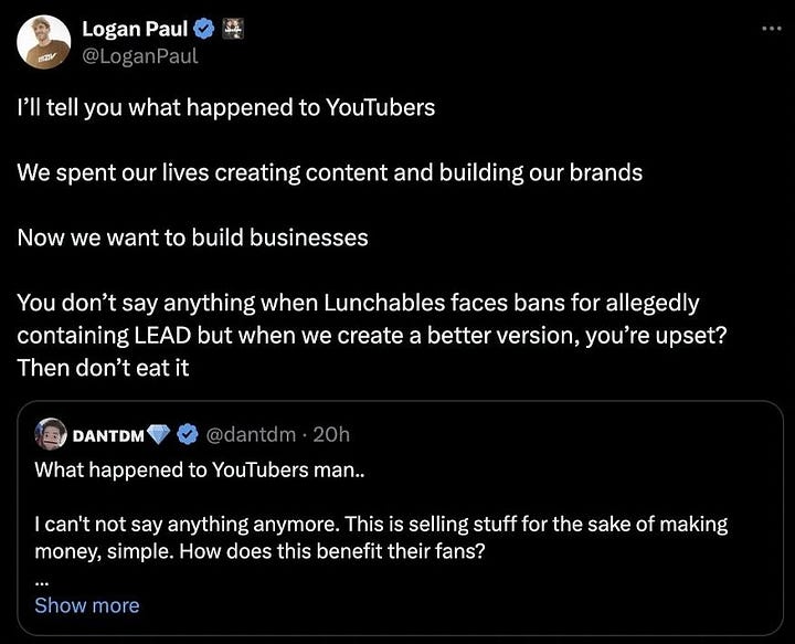 Two tweets that show one of Lunchly's founders, Logan Paul, showing his ass and looking a plump fool on the internet