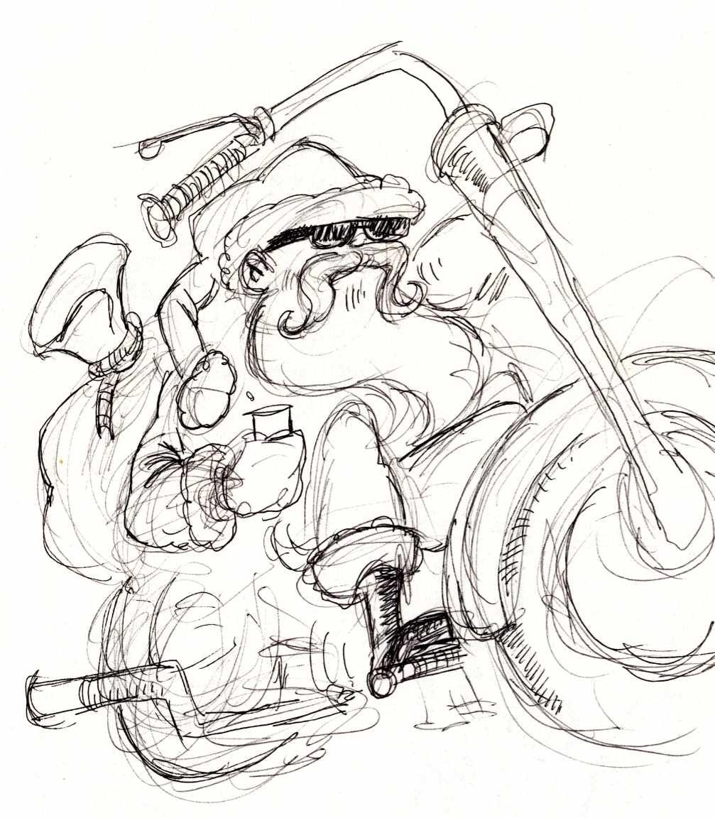 Ink sketch of Santa sitting on a Harley motorcycle with a glass of milk.s