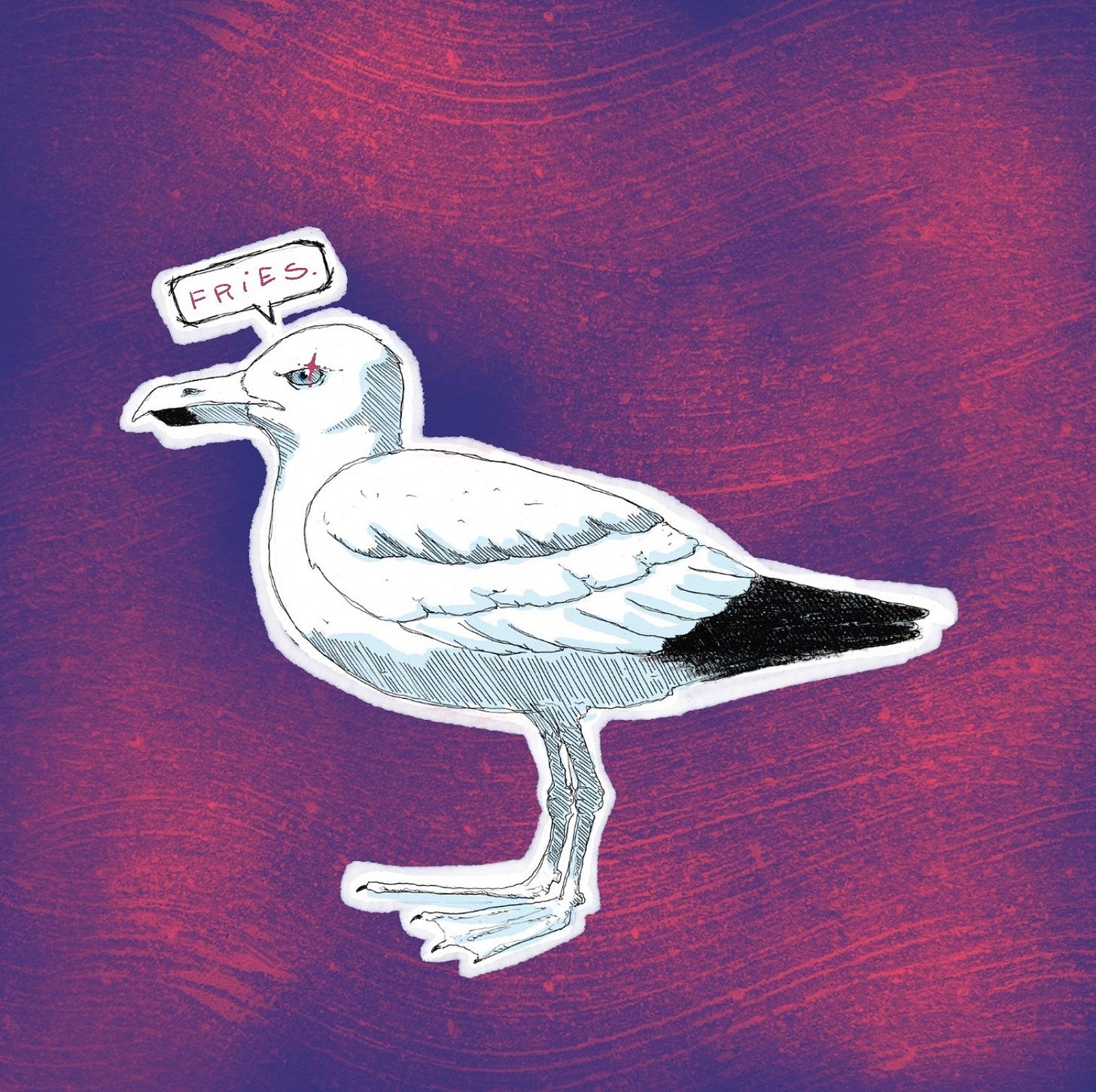 illustrazione di gabbiano in bianco e nero su fondo violaceo-magenta con un luccichio sinistro negli occhi e un balloon che dice "fries".