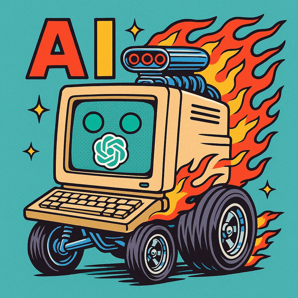 Buntes, retrostilisiertes Cartoon-Bild einer KI als frisiertes 90er-Jahre-Computer-Maskottchen auf Rädern. Der beige Röhrenmonitor mit freundlichem Gesicht hat Hot-Rod-Räder, ein großes blaues Motoraggregat und rote Flammen am Gehäuse. Im Bildschirm erscheint das ChatGPT-Logo. Der Hintergrund ist türkisblau mit kleinen Sternsymbolen. Großes „AI“ in 90er-Typografie links oben.
