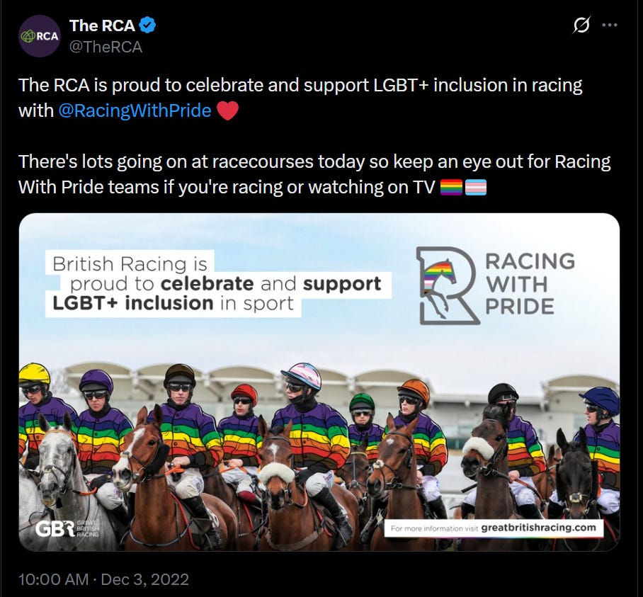 Racecourse Association tweet endorsing Racing With Pride, December 2023