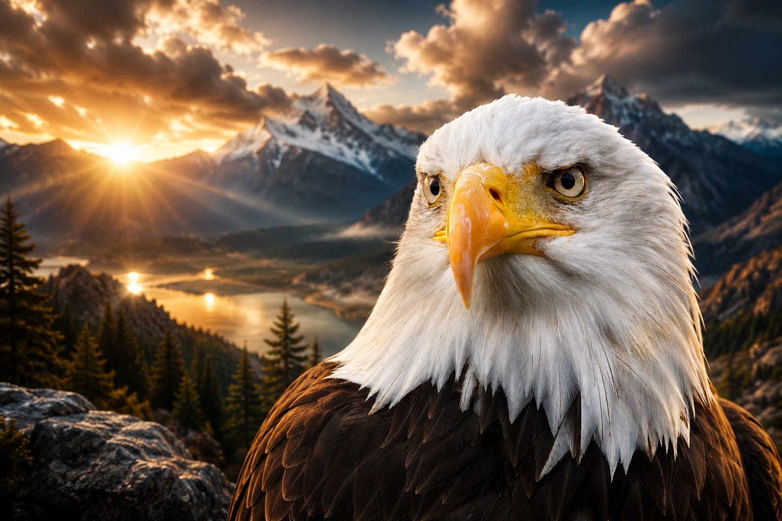 A majestic bald eagle stands watch over a breathtaking mountain wilderness as golden sunlight breaks across the horizon. Enhanced with dramatic lighting, rich detail, and a cinematic landscape backdrop, the image captures the strength, freedom, and timeless beauty of one of nature's most iconic birds.