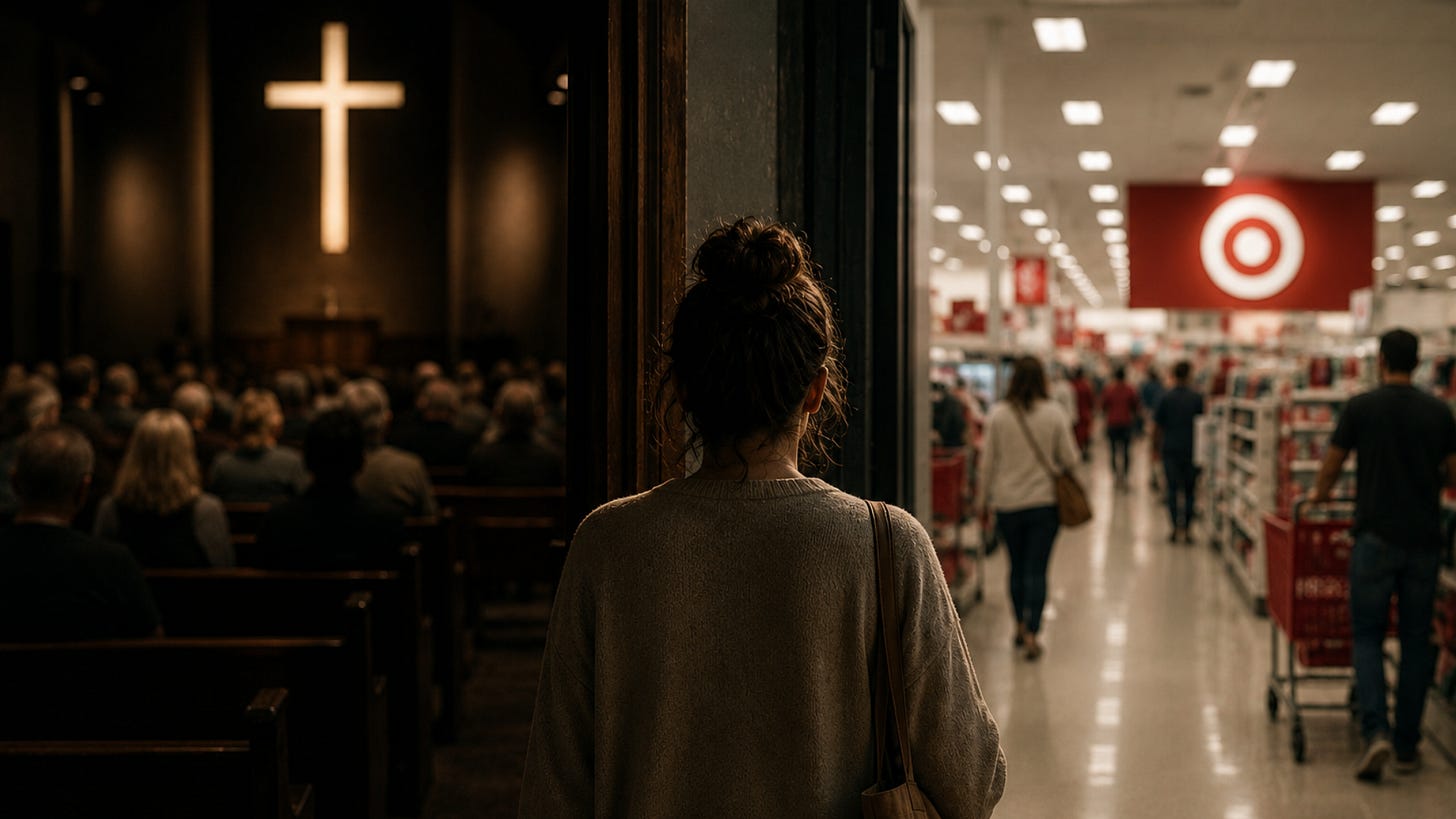 A person stands between a church sanctuary and a busy retail store, visually contrasting worship and consumer culture. The church is dark and quiet with a glowing cross, while the store is bright, crowded, and filled with shoppers.