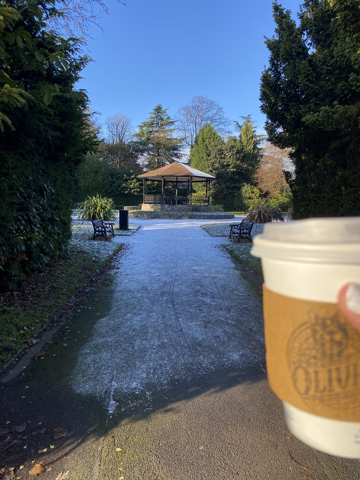 I'm behind the camera holding up a takeaway coffee cup, in front of a frosty path surrounded by trees and leading up to a small Victorian-looking bandstand, with blue skies above.