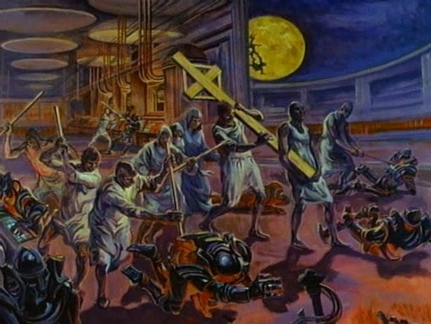 People in white robes wielding wooden crosses and sticks fight against armored figures under a full moon in an industrial setting, creating a tense scene.