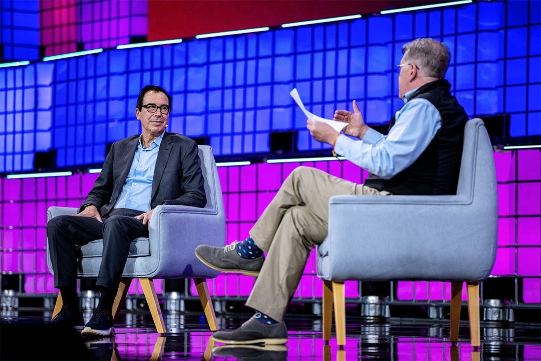 Former U.S. Treasury Secretary Steven Mnuchin speaks at Web Summit Qatar in Doha on Tuesday. Photo: Web Summit
