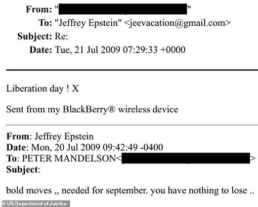 Mandelson celebrated child sex offender Epstein's release from jail as ¿Liberation Day¿ in 2009 Mandelson celebrated child sex offender Epstein's release from jail as ¿Liberation Day¿ in 2009