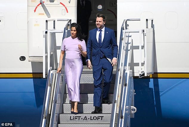 US Vice President JD Vance and Second Lady Usha Vance leave Air Force Two