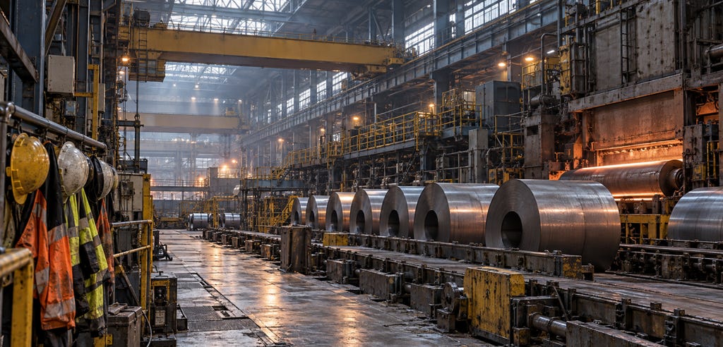 Image actuelle : Aciérie ontarienne avec rouleaux d’acier et installations industrielles, symbolisant les tensions entre subventions publiques, emplois et réalité du marché. Image actuelle : Aciérie ontarienne avec rouleaux d’acier et installations industrielles, symbolisant les tensions entre subventions publiques, emplois et réalité du marché.
