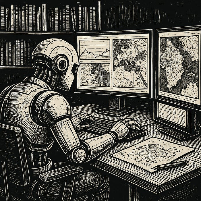 Agentic AI personified as a humanioid working on a geospatial project on a computer.