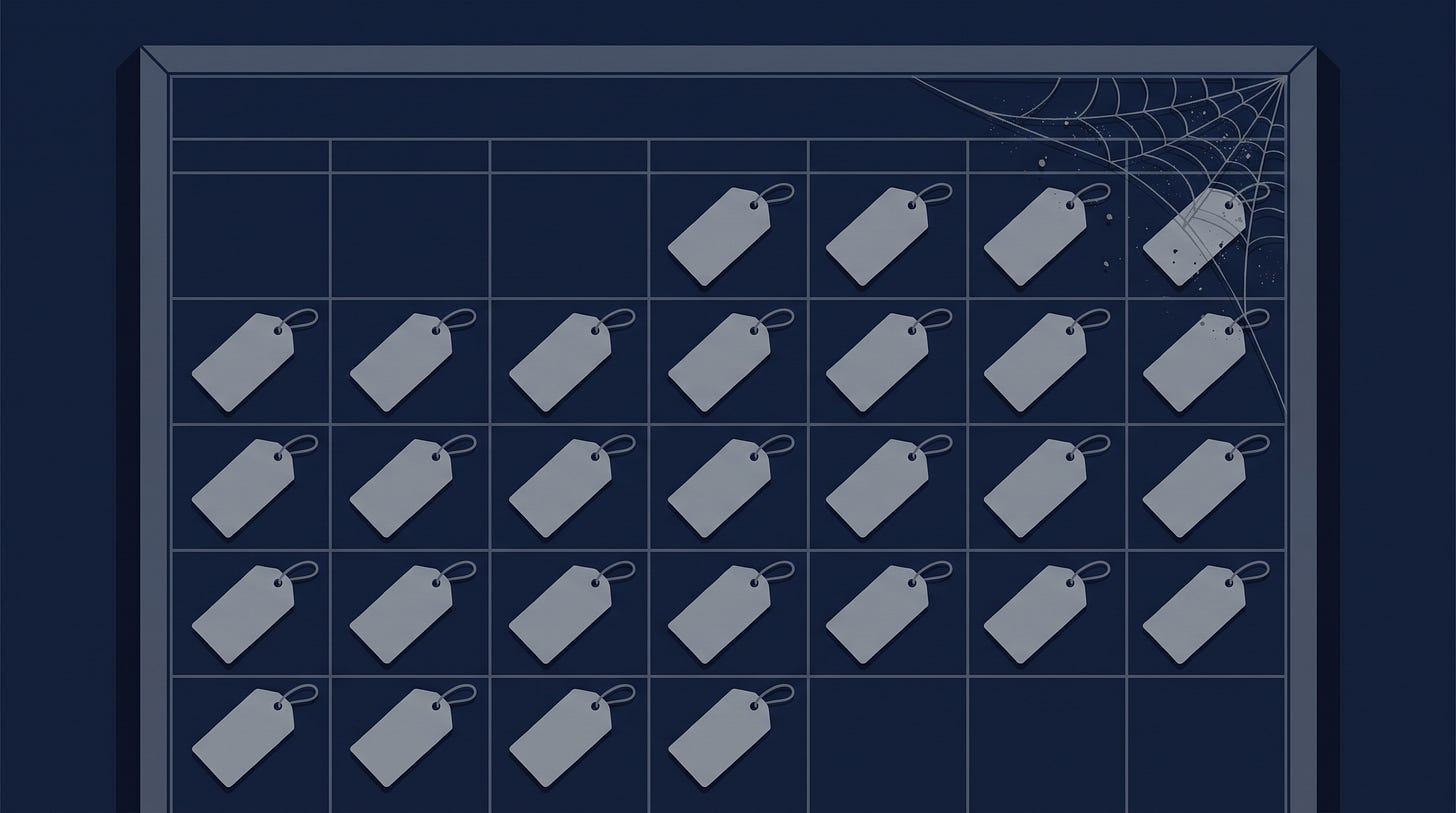 A calendar of identical blank price tags A calendar of identical blank price tags