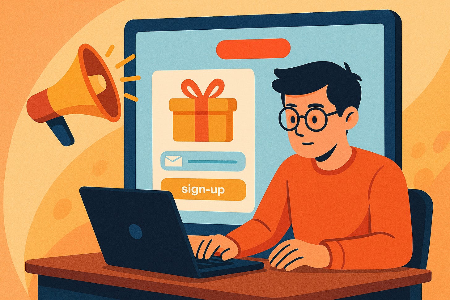 Marketer working on laptop with loudspeaker and gift-icon screen showing sign-up offer.