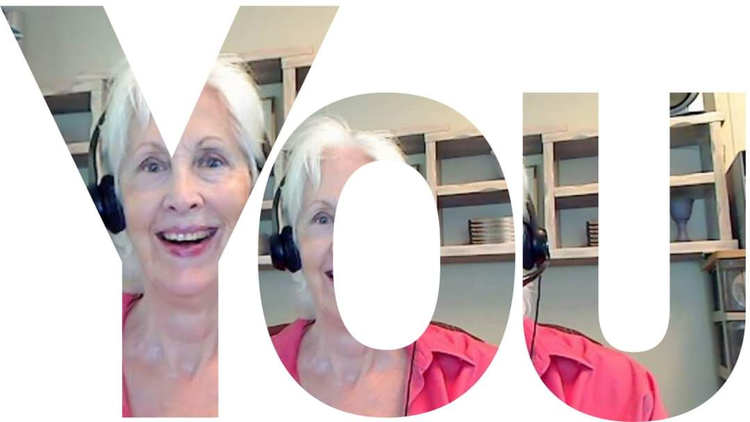The word “YOU” with the Author’s selfie inside each of the letters as if she is echoing inside you. The selfie is from the Author’s Zoom camera with her headset and mic over her white hair. She smiles at you in her hot pink collared blouse in front of her bookcase.