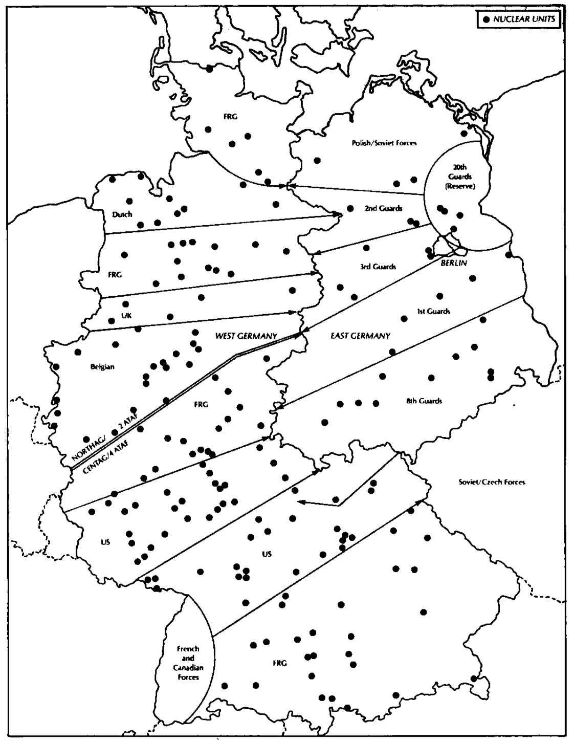 A map of West and East Germany with over 100 "nuclear units" indicated on it, dotting both nations. A map of West and East Germany with over 100 "nuclear units" indicated on it, dotting both nations.