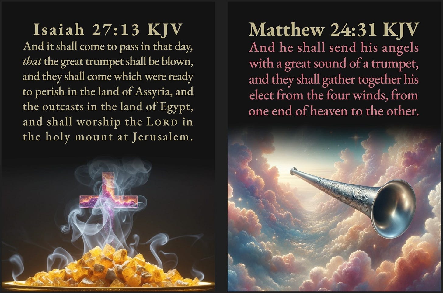 A two-panel card design on a dark background. The left panel features the verse Isaiah 27:13 KJV, illustrated by an image of a cosmic-patterned cross formed from smoke that rises from a golden dish of glowing incense. The right panel displays Matthew 24:31 KJV, with the text in both white and red, accompanied by an image of a long, silver trumpet floating among celestial clouds.