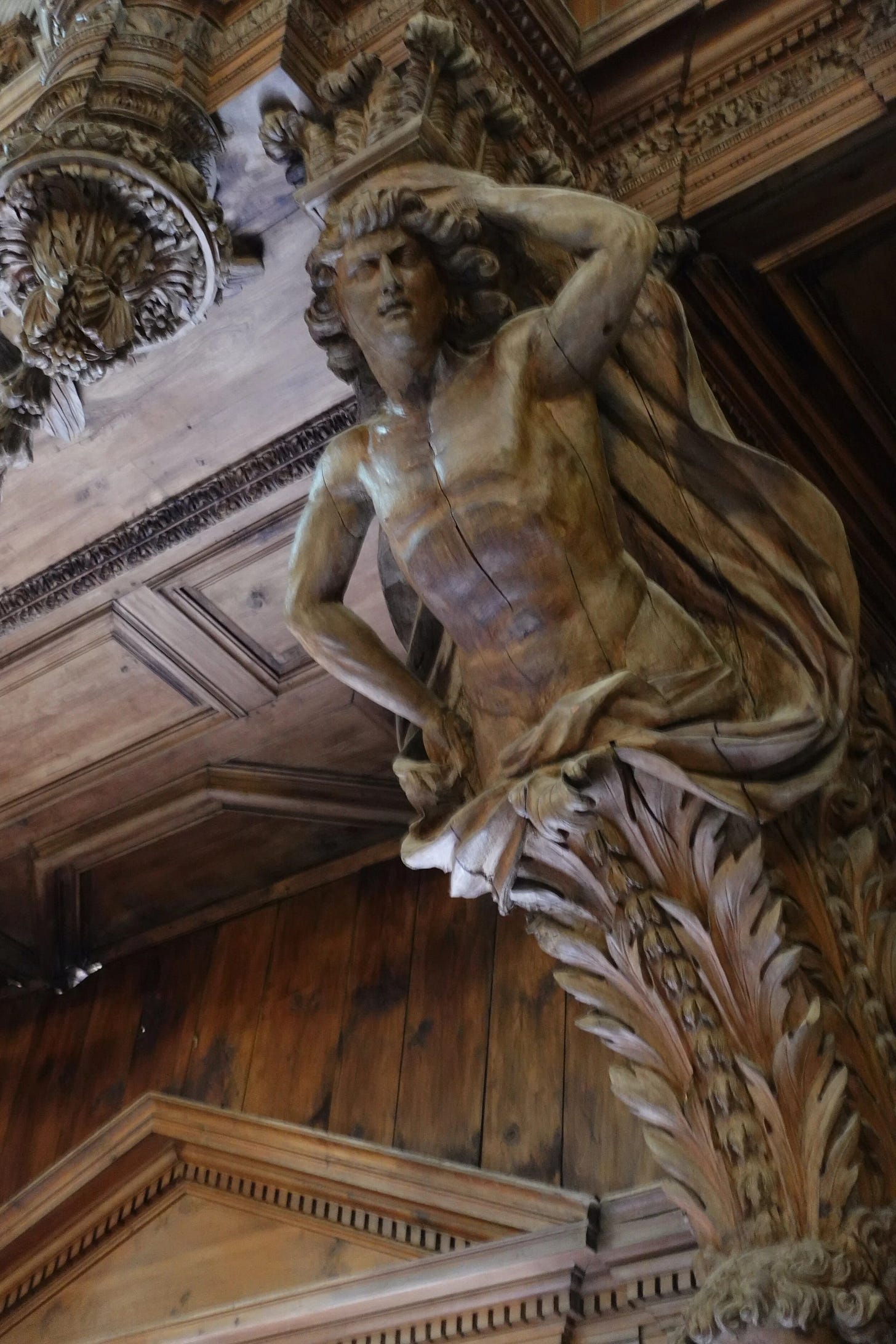  Wooden carvings of the pipe organ at La Chaise-Dieu, Auvergne, France 