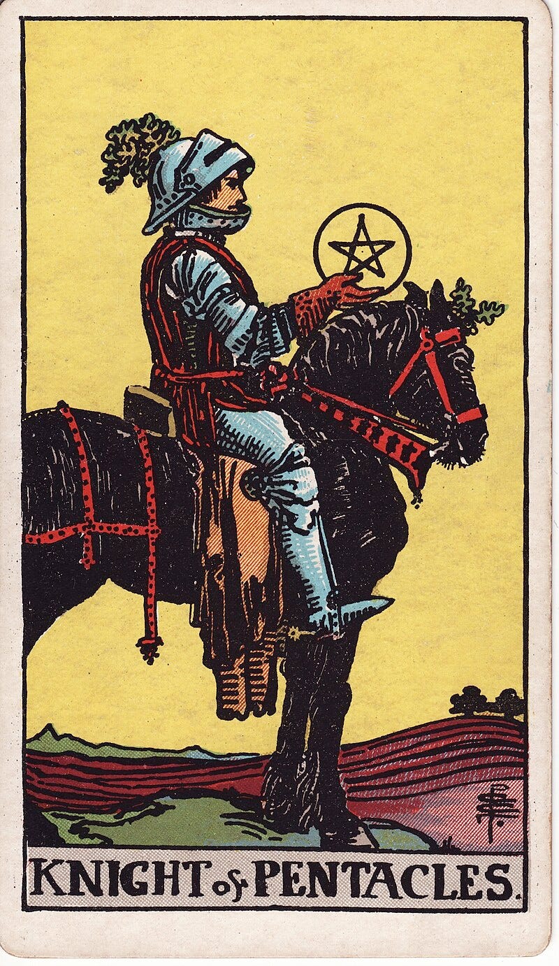 Waite Smith Tarot, The Knight of Pentacles
