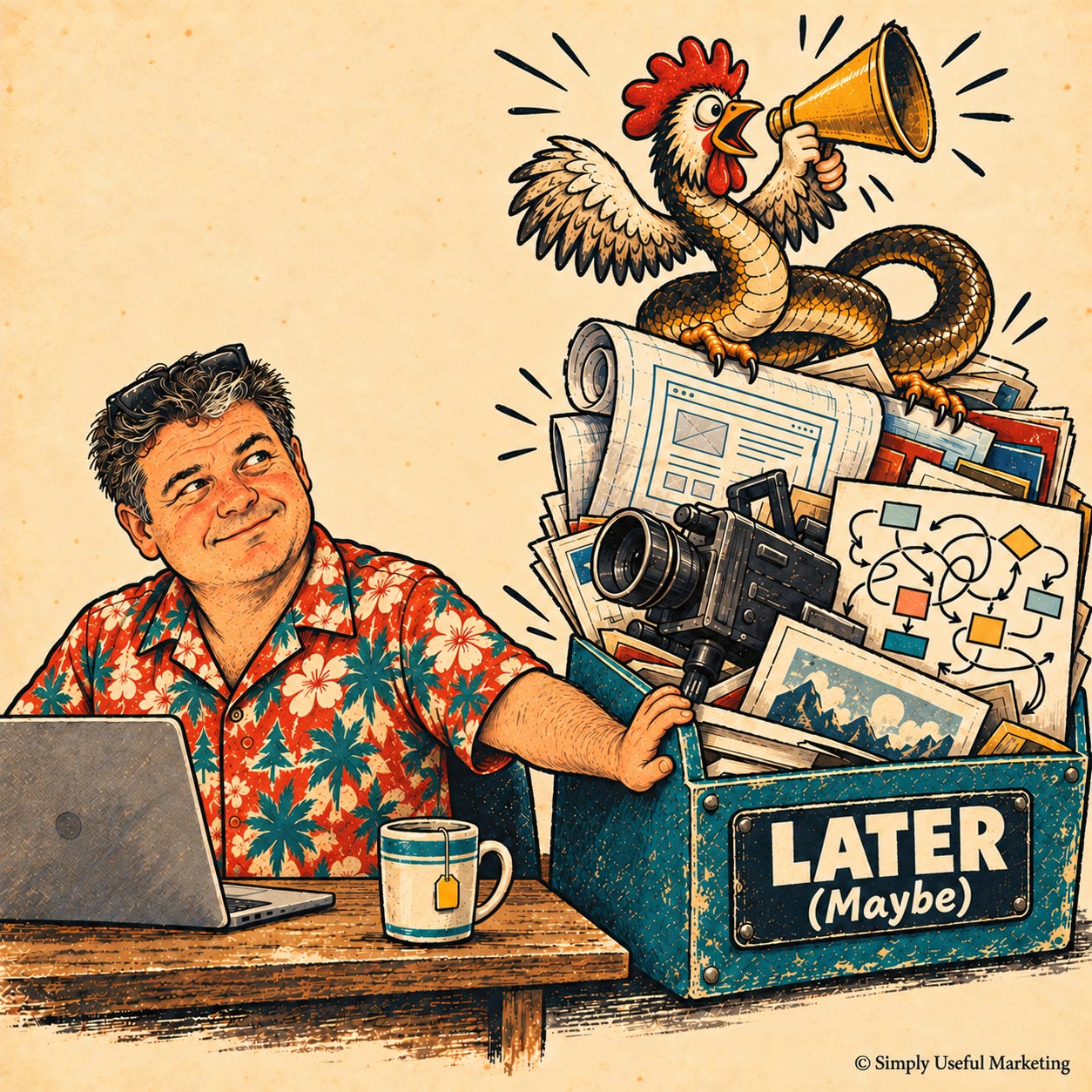 Bryant pushes away an overflowing tray labeled “LATER (Maybe)” while a cobra chicken with a bright red comb brandishes a megaphone. Bryant pushes away an overflowing tray labeled “LATER (Maybe)” while a cobra chicken with a bright red comb brandishes a megaphone.