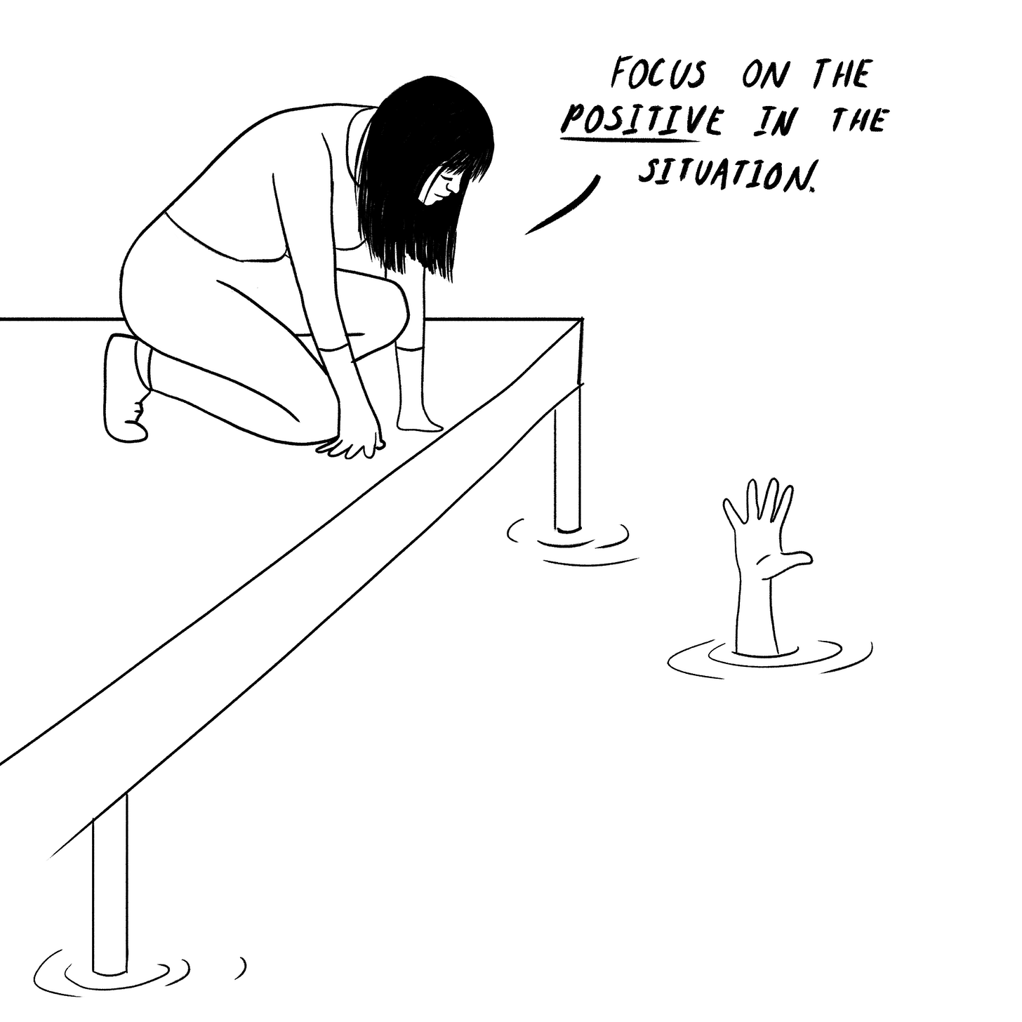 Person gives advice from a dock to another person drowning below.