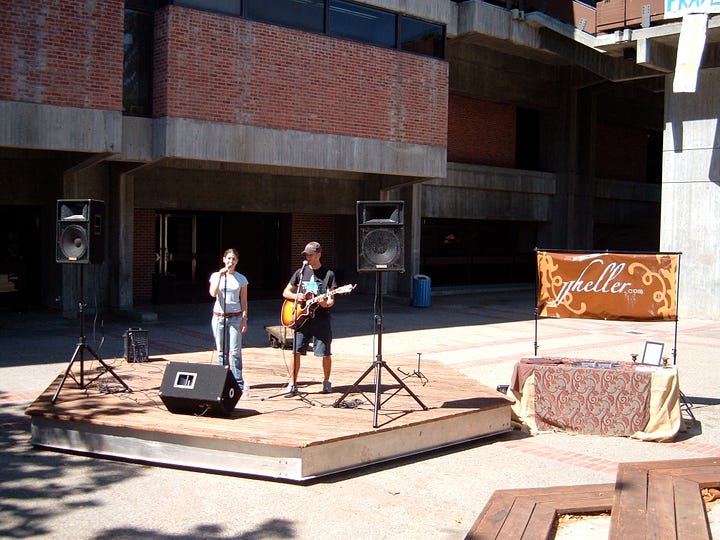 Images of people singing and playing guitar, image of people in car smiling, images of two women smiling