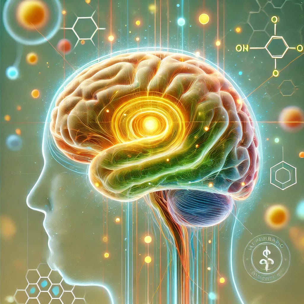 A professional, engaging visualization of the brain healing process specifically for PTSD treatment through hyperbaric oxygen therapy (HBOT). The image should show a clear, simplified brain illustration with highlighted areas representing healing and regeneration in regions often affected by PTSD. Use warm colors like green and yellow to signify healing and vitality. Include a distinctive element representing hyperbaric oxygen therapy, like a soft glow or abstract oxygen bubbles around the brain. The style should be clean, modern, and visually impactful, conveying hope and scientific innovation. Background should subtly suggest a medical research setting.