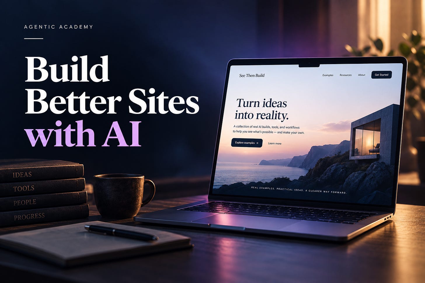 Build Better Sites with AI” beside a laptop displaying a website mockup.