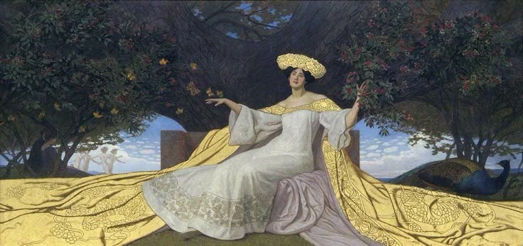 This may contain: a painting of a woman sitting on a bench with her arms outstretched in the air