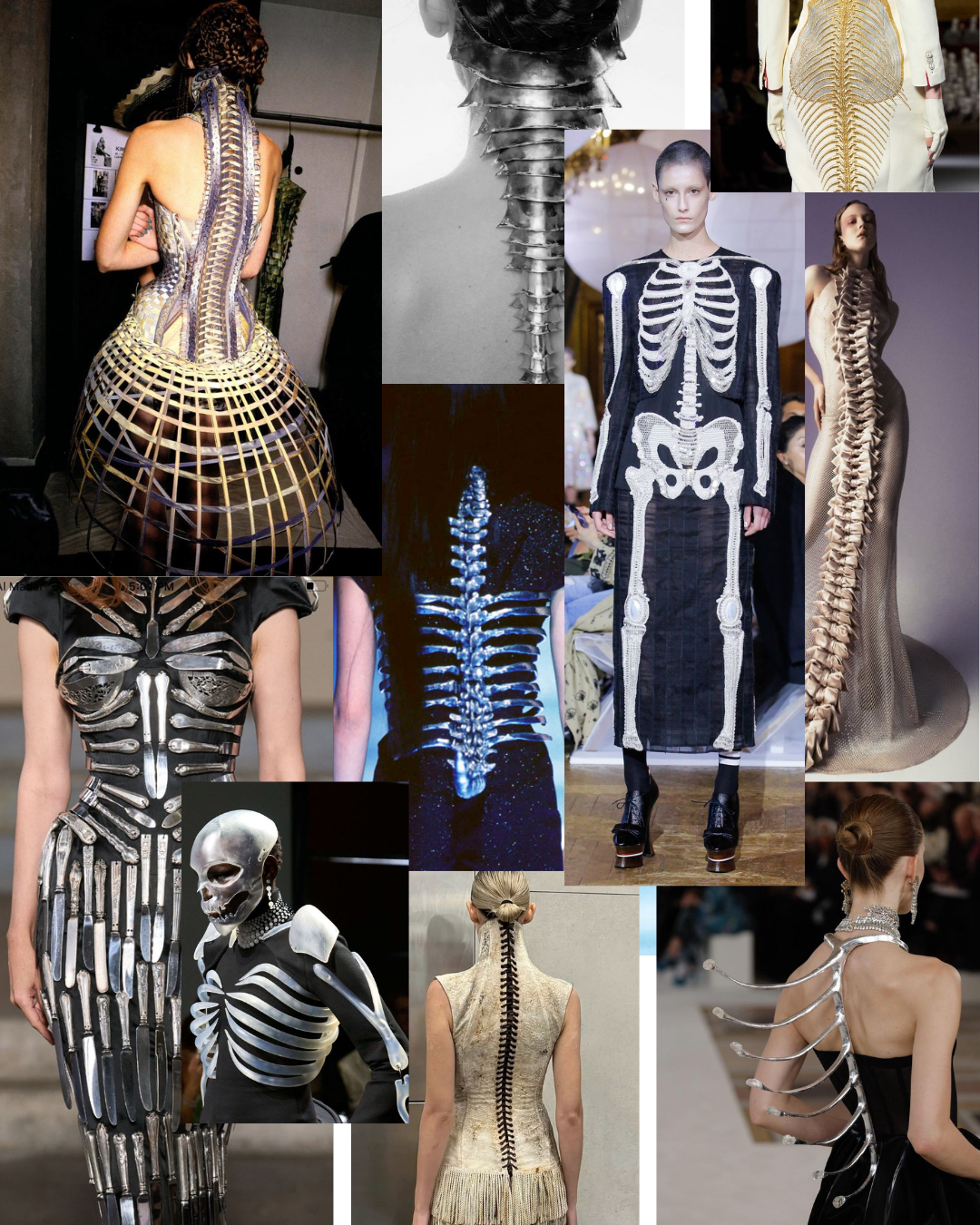 Met Gala 2026 boning and spine fashion mood board featuring Iris van Herpen vertebrae cage dress, Alexander McQueen spine back gown, Thom Browne skeleton embroidered dress, silver rib cage jewelry, spinal column back detail runway looks, and anatomical skeletal fashion — Met Gala Costume Art 2026 predictions