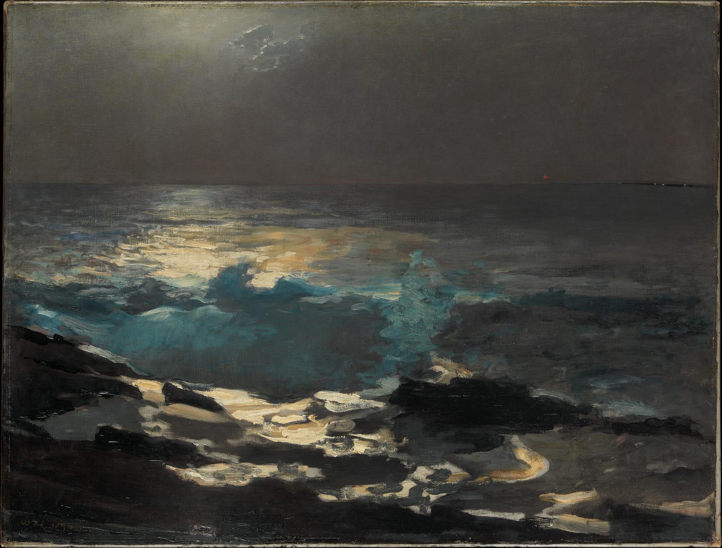 An image added by cosmos on Jul 11, 2024. May present: winslow homer moonlight wood island light, moonlight, wood island light, the metropolitan museum of art, oil painting reproduction, art.