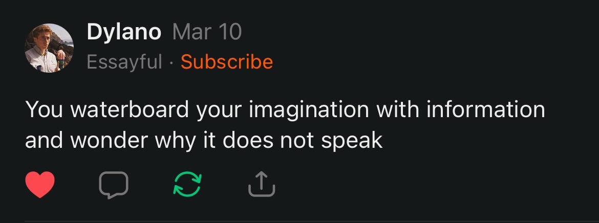 May be a Twitter screenshot of 1 person and text that says 'Dylano Mar 10 Essayful Subscribe You waterboard your imagination with အ် information and wonder why it does not speak'