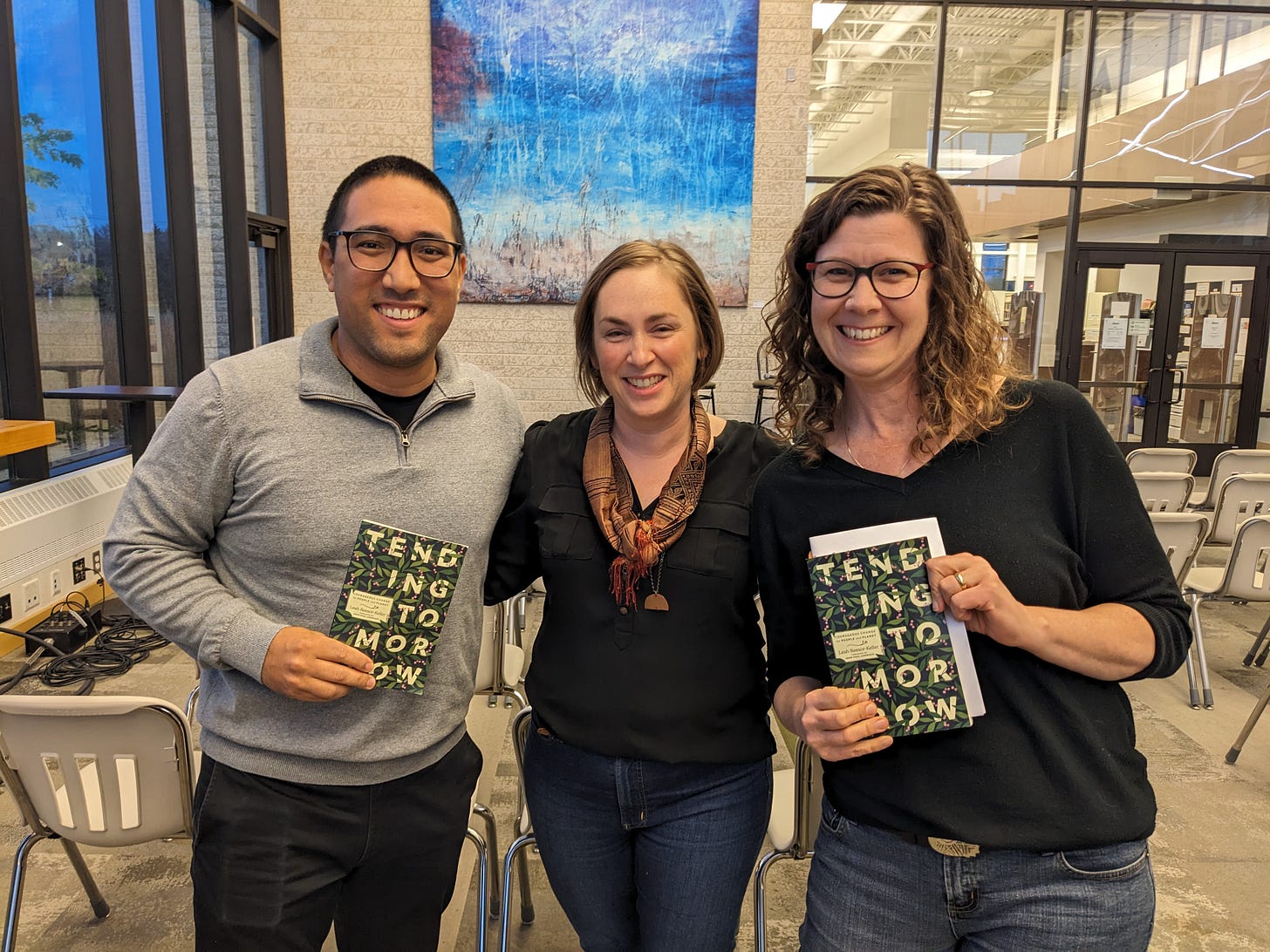 Moses Falco, Leah Reesor-Keller and Sandy Plett at the CommonWord book launch for Tending Tomorrow in Winnipeg, MB, October 2024