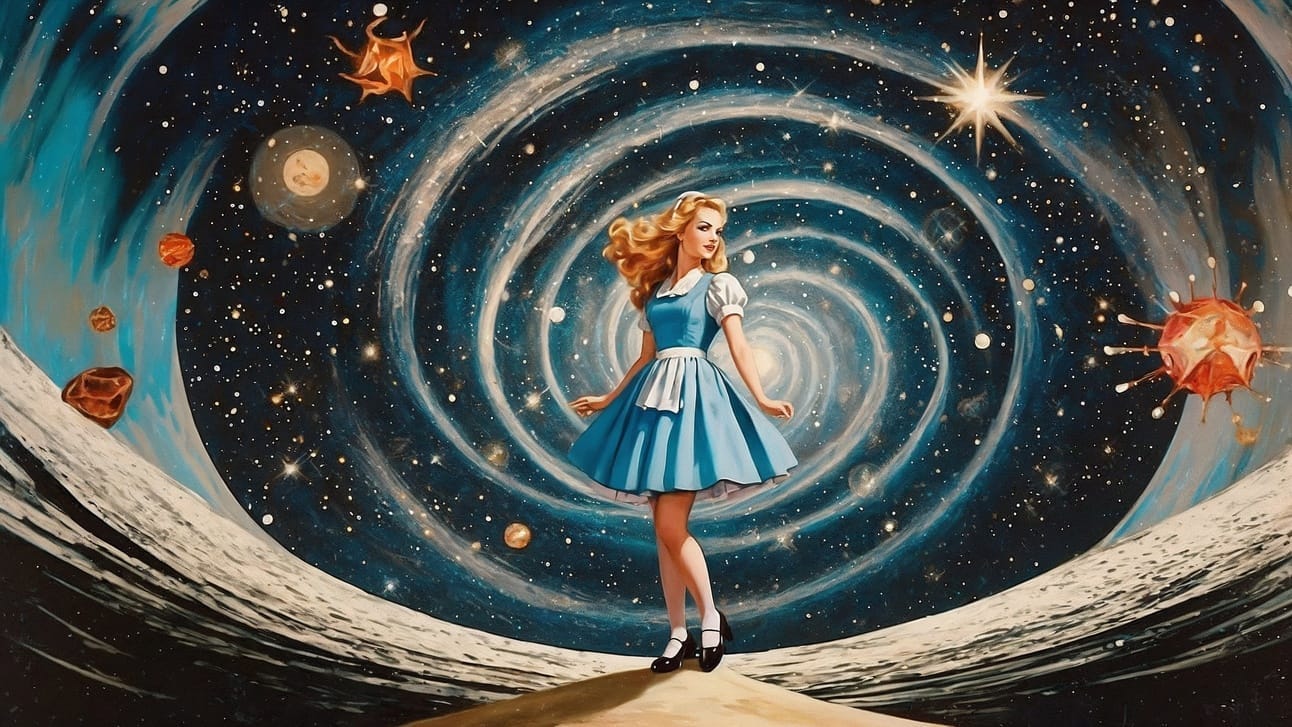 Alice, from Alice in Wonderland, looks over her shoulder as she faces the abyss with confidence