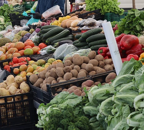 Scenes from a market showing fruit and vegetables and the sellers