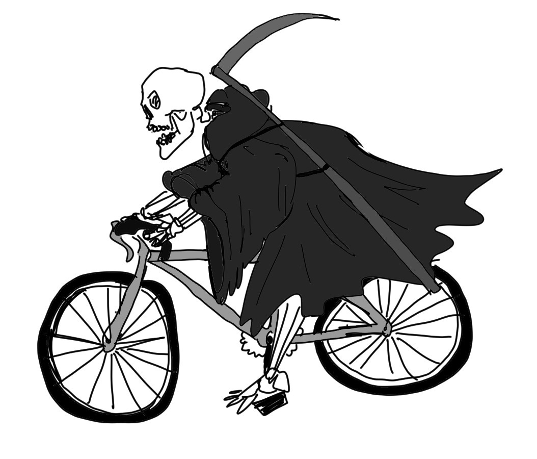 The Grim Reaper rides a bicycle.