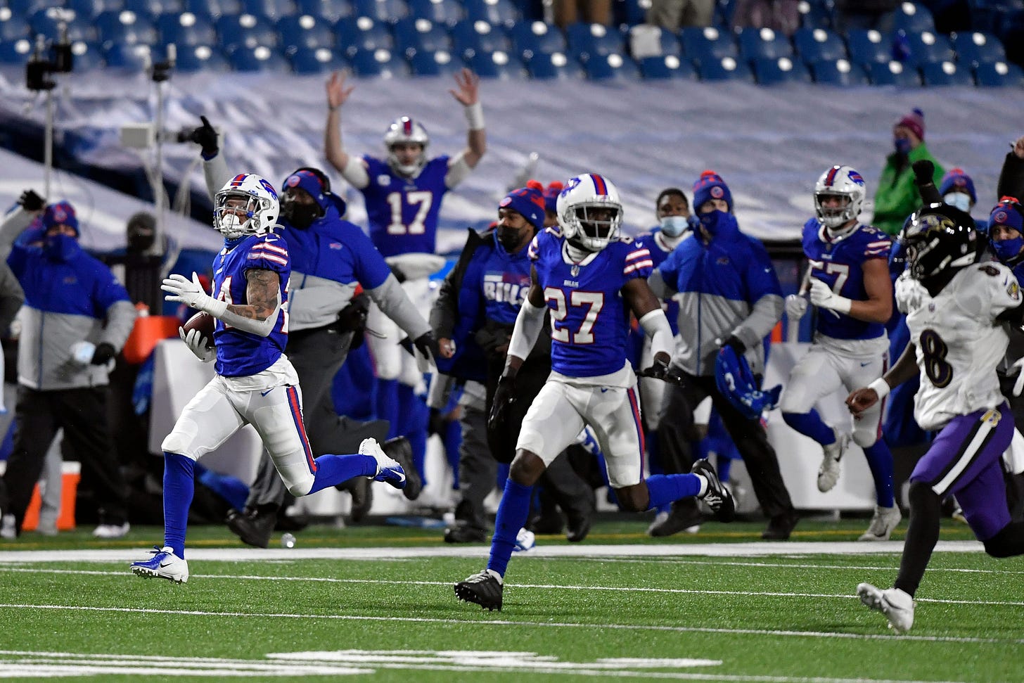 Bills' Taron Johnson ties NFL playoff record with 101-yard pick six