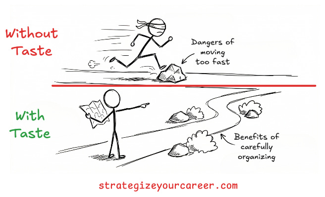 A hand-drawn illustration showing two scenarios. One stick figure sprints blindly on a messy path, about to trip. The second figure stands calmly on a clean path, studying a map and pointing towards a safe detour, highlighting preparation over pure speed.