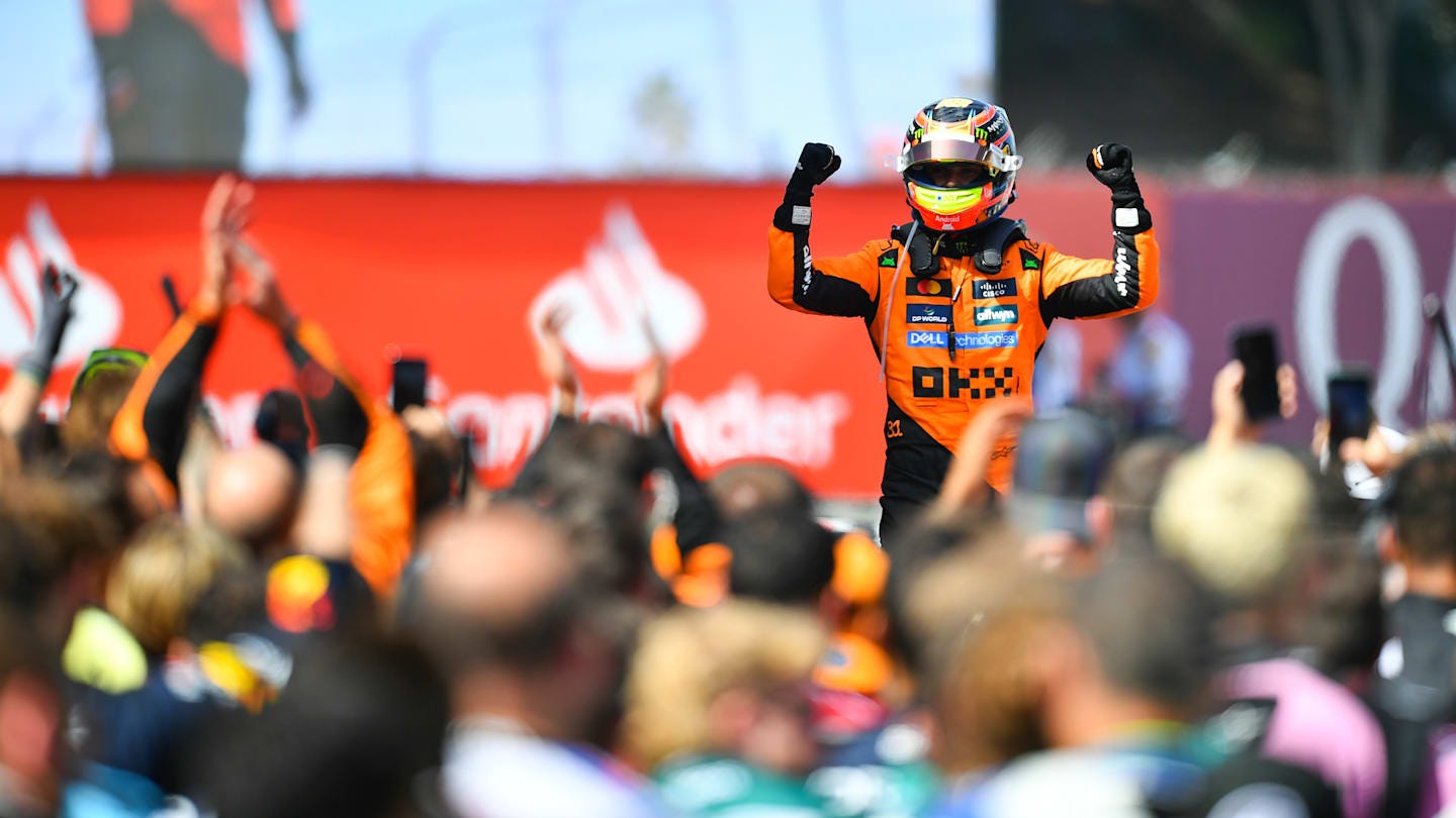 BARCELONA, SPAIN - JUNE 01: Race winner Oscar Piastri of Australia and McLaren celebrates on BARCELONA, SPAIN - JUNE 01: Race winner Oscar Piastri of Australia and McLaren celebrates on