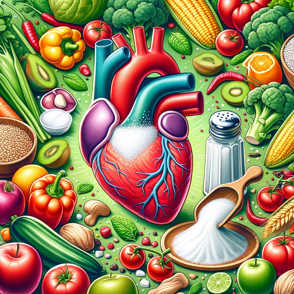 An illustration depicting a healthy heart surrounded by various foods representing a balanced diet, with a focus on a salt shaker filled with a green, potassium-enriched substitute instead of traditional white salt. The image should convey a sense of wellness and prevention against hypertension, featuring vegetables, fruits, and grains, emphasizing the importance of dietary choices in maintaining cardiovascular health. The composition should be vibrant, inviting, and educational, without including any text, numbers, or explicit representations of disease, aiming to inspire positive lifestyle changes.
