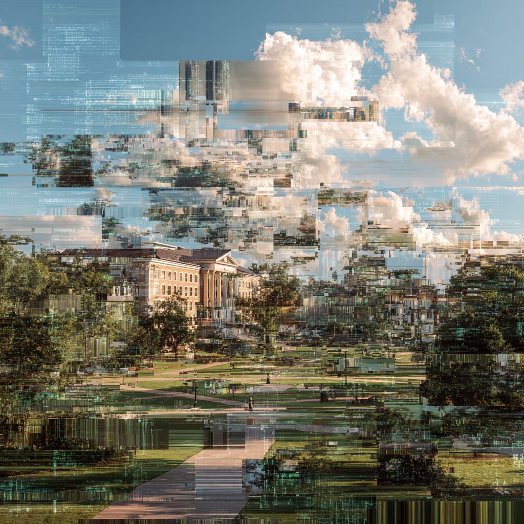 Midjourney-created image of AI impacting a university.
