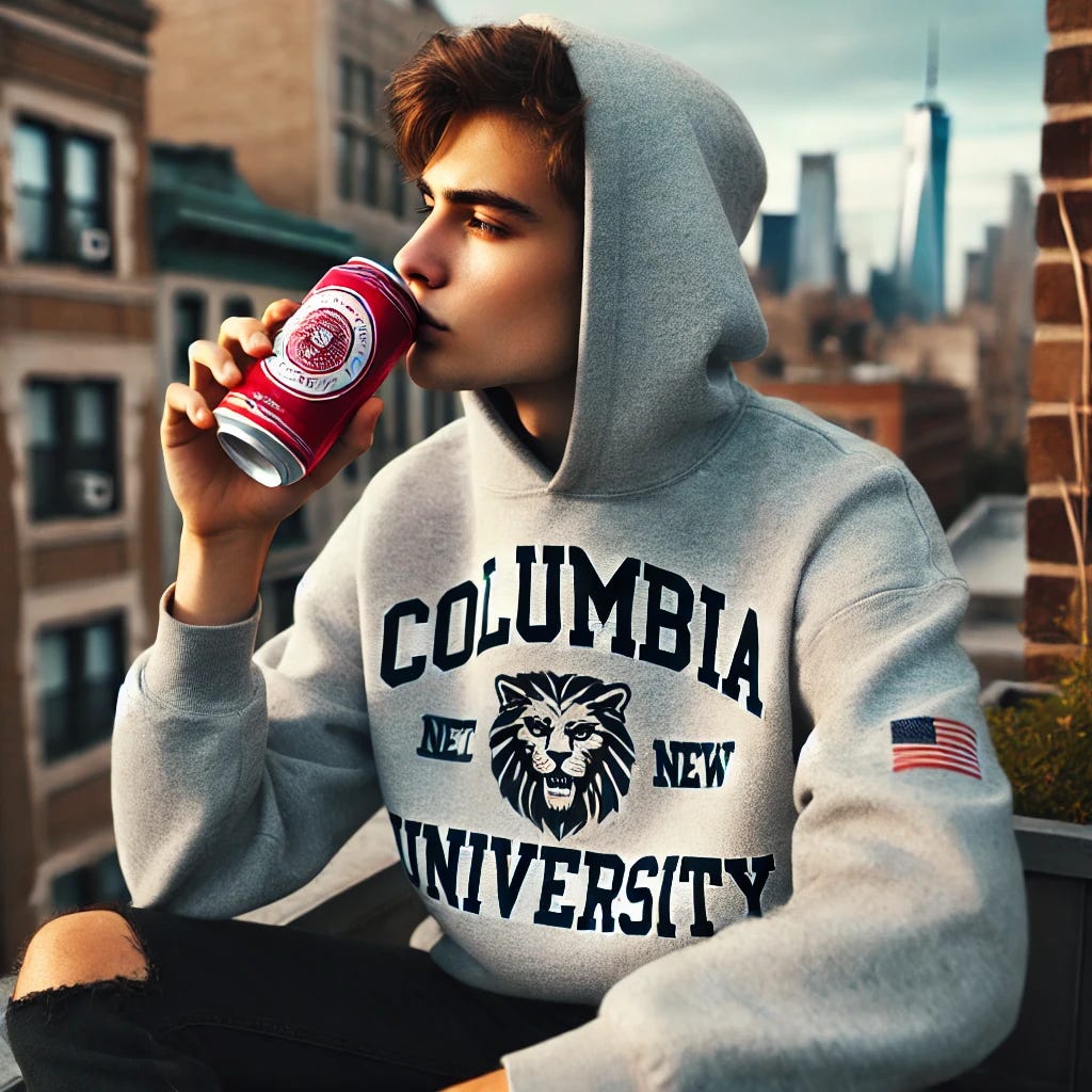 A young college student wearing a Columbia University hoodie, sitting on a rooftop in an urban setting. They are casually drinking from a generic beer can with red and white colors, designed in a classic style but without any recognizable branding or logos. The scene is relaxed, with a view of the city skyline in the background. The student has a thoughtful expression, enjoying the moment. A young college student wearing a Columbia University hoodie, sitting on a rooftop in an urban setting. They are casually drinking from a generic beer can with red and white colors, designed in a classic style but without any recognizable branding or logos. The scene is relaxed, with a view of the city skyline in the background. The student has a thoughtful expression, enjoying the moment.