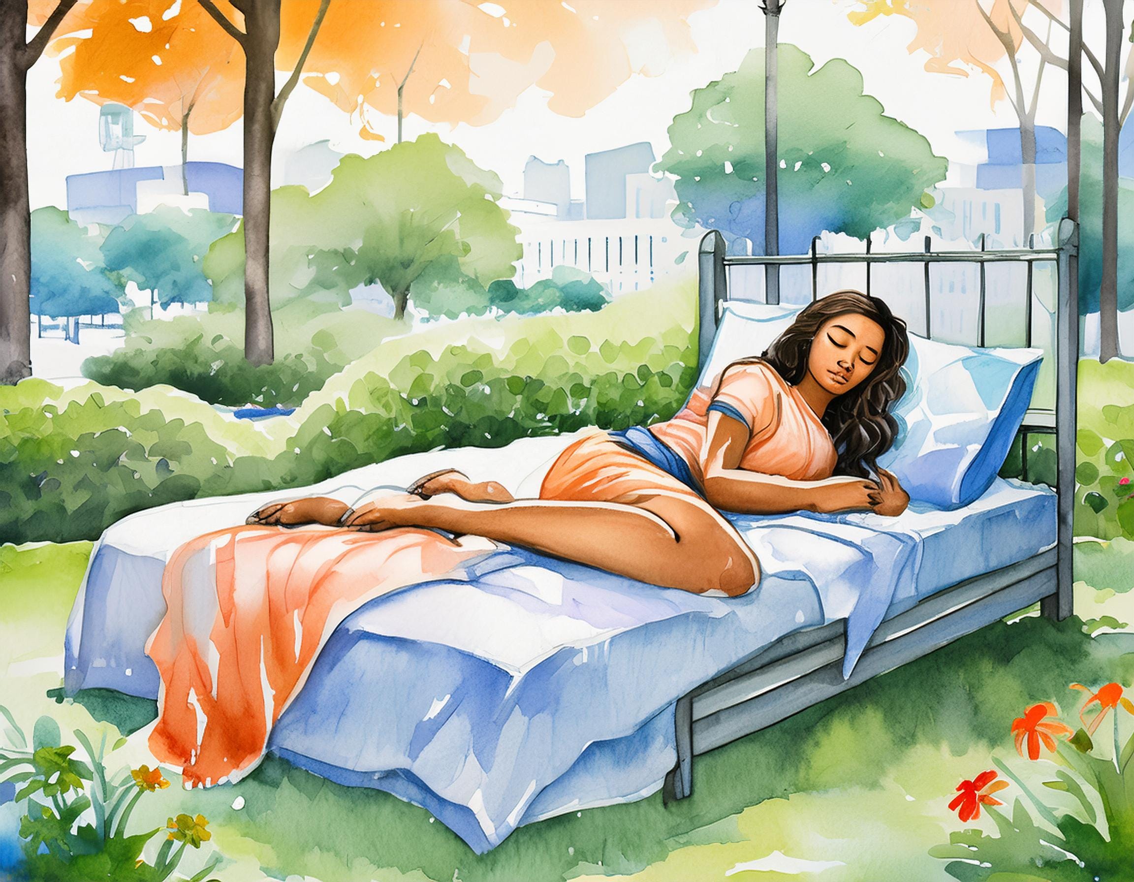 simple illustration of woman sleeping peacefully in a bed placed in a beautiful urban park